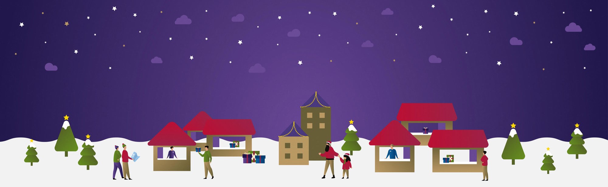 Digitale tekening van winters tafereel, huisstijl Kerststad Valkenburg